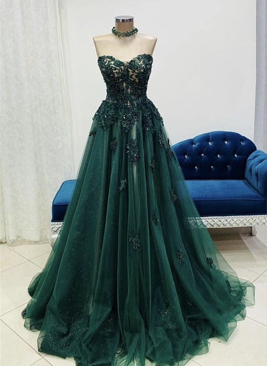 Green Tulle With Lace Applique Sweetheart Long Prom Dresses, Green Prom Gowns