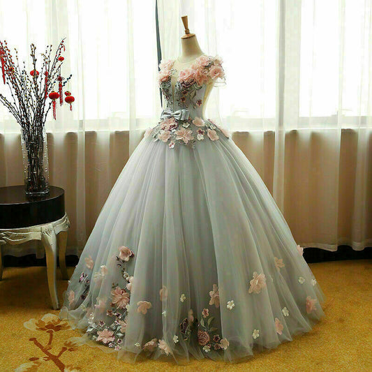 Grey Ball Gowns 3D Flowers Princess Prom Gowns, Sweet 16 Prom Dress Grey Prom Dresses