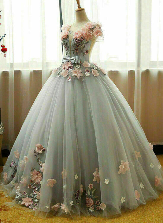 Grey Ball Gowns 3D Flowers Princess Prom Gowns, Sweet 16 Prom Dress Grey Prom Dresses