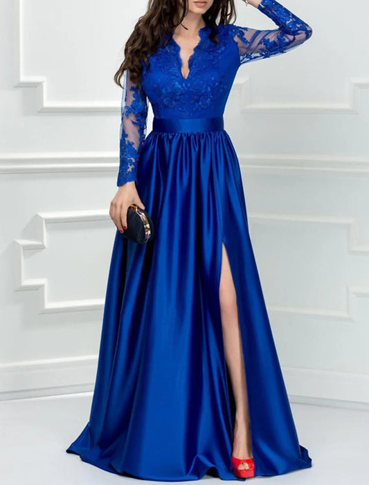 A-Line Evening Gown Elegant Dress Formal Wedding Guest Floor Length Long Sleeve V Neck Satin with Slit Appliques 2026
