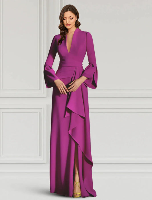 heath Evening Gown Elegant Black Dress Formal Cocktail Party Dress Floor Length Long Sleeve V Neck Fall Wedding Guest Fabric with Ruffles