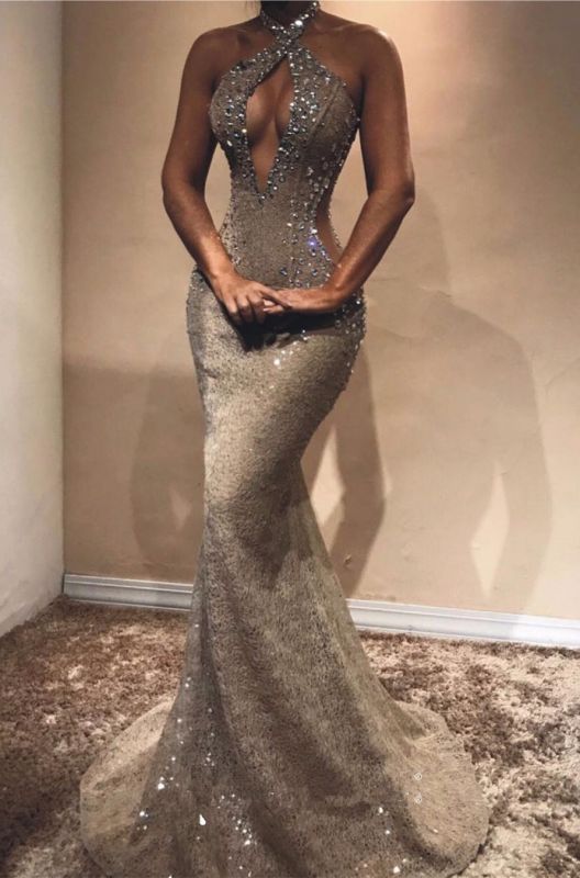 Halter Open Back Long Prom Dresses Cheap Shiny Beads Crystals Illusion Mermaid Prom Gown