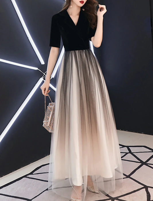 A-Line Evening Gown Minimalist Dress Wedding Guest Engagement Floor Length Half Sleeve V Neck Tulle with Sleek