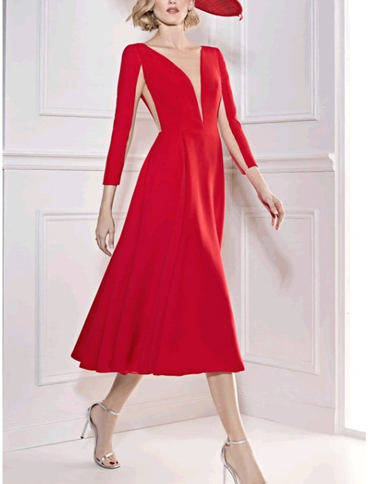 A-Line Cocktail Dresses Minimalist Dress Formal Fall Tea Length 3/4 Length Sleeve V Neck Fabric with Pleats