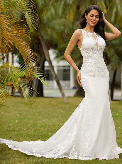 Sheath/Column Crepe Lace Scoop Sleeveless Cathedral Train Wedding Dresses
