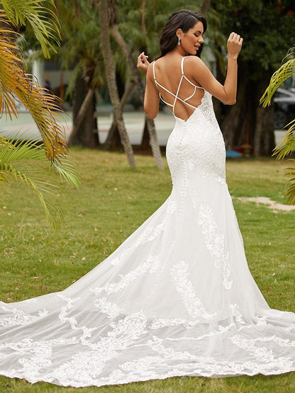 Sheath/Column Crepe Lace Scoop Sleeveless Cathedral Train Wedding Dresses