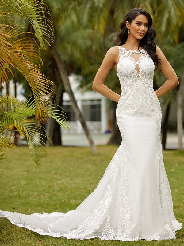 Sheath/Column Crepe Lace Scoop Sleeveless Cathedral Train Wedding Dresses