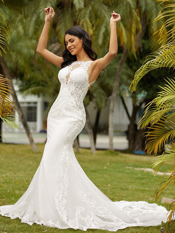 Sheath/Column Crepe Lace Scoop Sleeveless Cathedral Train Wedding Dresses