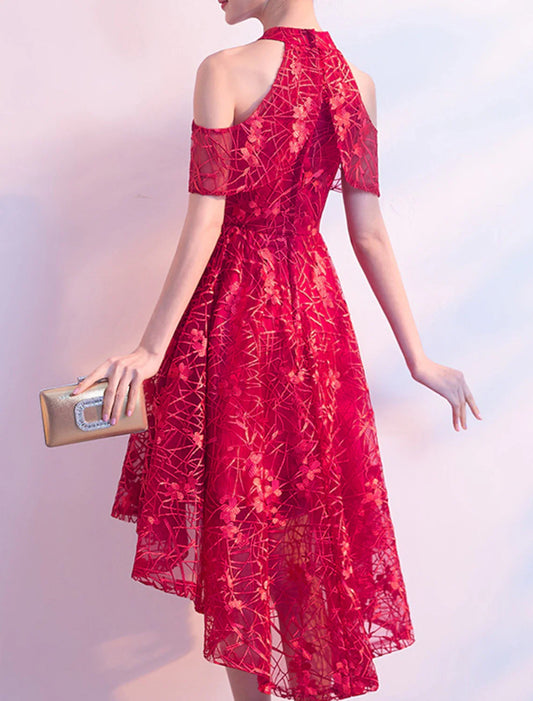 A-Line Cocktail Dresses Elegant Dress Wedding Guest Party Wear Asymmetrical Short Sleeve Jewel Neck Tulle with Pleats Pattern / Print