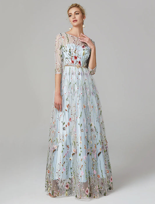 A-Line Evening Gown Party Dress Floral Dress Holiday Wedding Guest Floor Length 3/4 Length Sleeve Illusion Neck Lace with Embroidery 2025