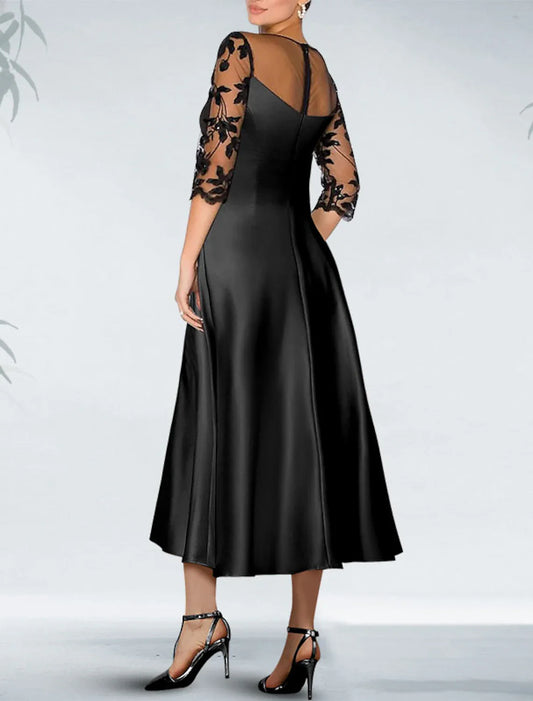 A-Line Cocktail Black Dress Plus Size Appliques Elegant Dress Fall Wedding Guest Dress For Mother Knee Length 3/4 Length Sleeve Off Shoulder Pocket Satin with Beading Pocket 2026
