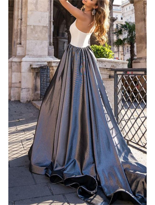 A-Line Evening Gown Color Block Dress Wedding Prom Floor Length Sleeveless Stand Collar Chiffon with Glitter
