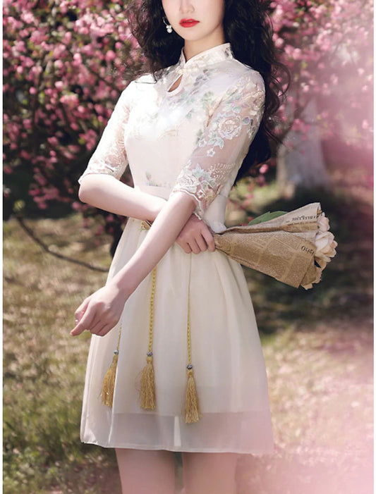 A-Line Chinese Style Elegant Graduation Prom Dress Stand Collar Half Sleeve Short / Mini Chiffon with Tassel Embroidery
