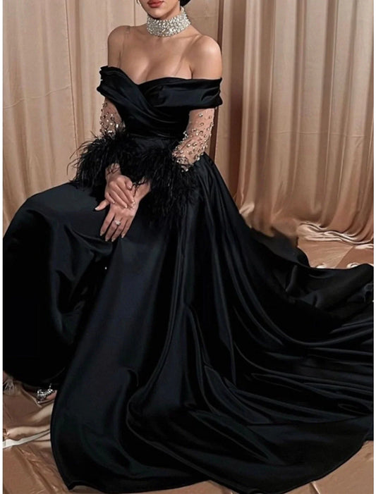 A-Line Evening Gown Elegant Dress Formal Black Dress Sweep / Brush Train Long Sleeve Off Shoulder Satin with Rhinestone Feather Pleats 2026