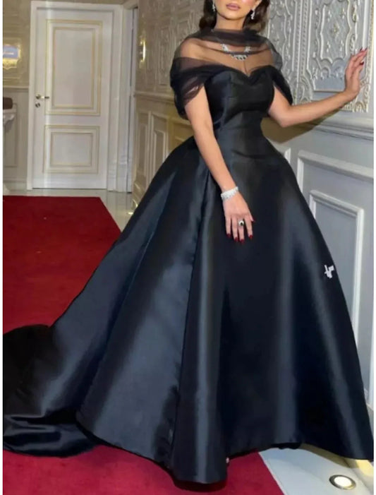 A-Line Evening Gown Elegant Dress Black Dress Formal Court Train Short Sleeve Illusion Neck Satin with Pleats 2026