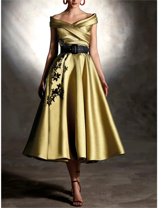 A-Line Cocktail Champagne Gold Dresses Vintage Dress Formal Wedding Guest Tea Length Sleeveless Off Shoulder Satin with Pleats Appliques 2026