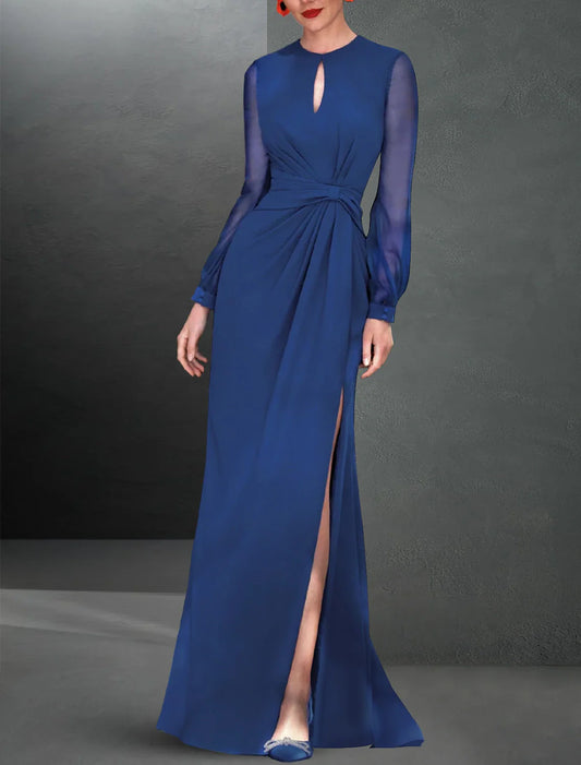 A-Line Evening Gown Elegant Dress Formal Wedding Guest Floor Length Long Sleeve Jewel Neck Chiffon with Ruched Slit