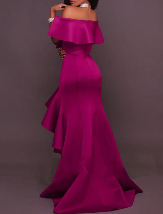 A-Line Evening Gown Minimalist Dress Wedding Guest Homecoming Asymmetrical Sleeveless Off Shoulder Satin with Ruffles Slit