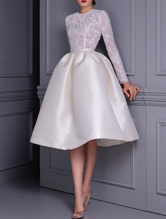 A-Line Cocktail Dresses 1950s Dress Wedding Party Birthday Knee Length Long Sleeve Jewel Neck Fall Wedding Guest Satin with Appliques Splicing 2026