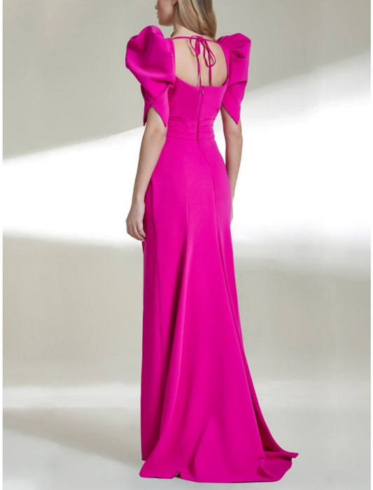 A-Line Evening Gown High Split Dress Formal Ankle Length Short Sleeve Square Neck Fabric with Ruched Slit