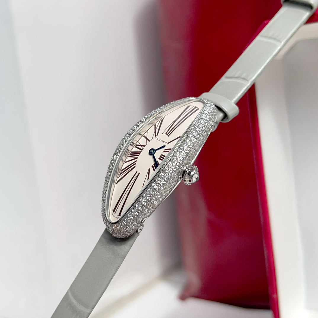Vintage Baignoire 21mm Silver Diamond Case Grey Leather