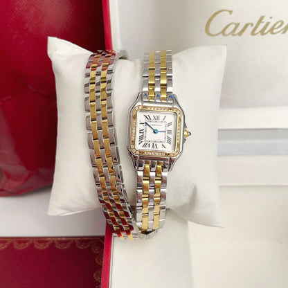 Panthere 22mm Gold Silver Diamond Bezel Double Chain 44cm