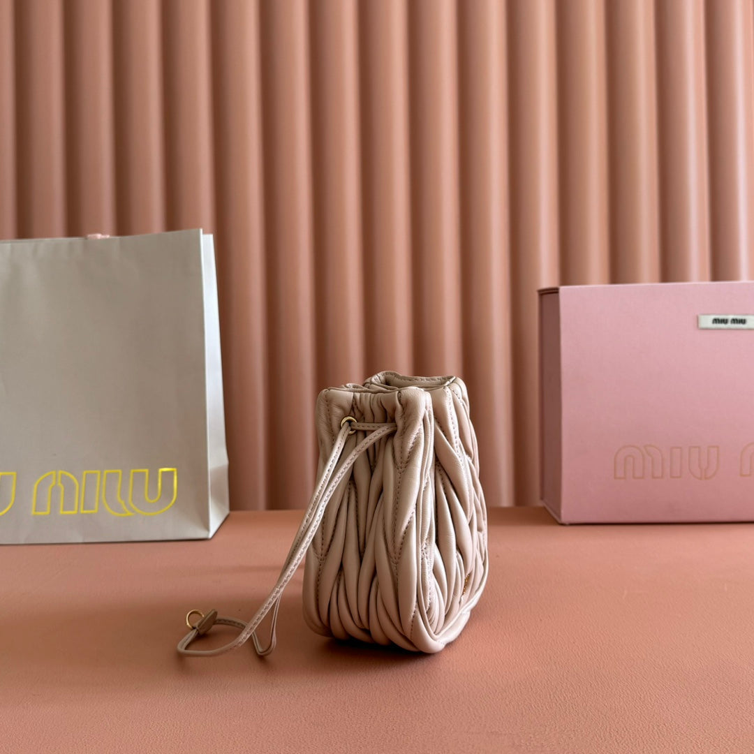 Matelassé Mini Drawstring Handbag Apricot Lambskin
