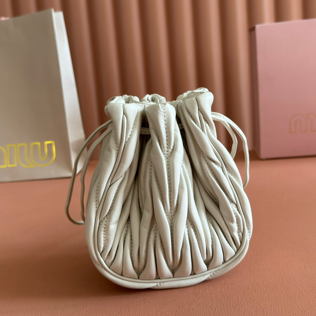 Matelassé Mini Drawstring Handbag White Lambskin