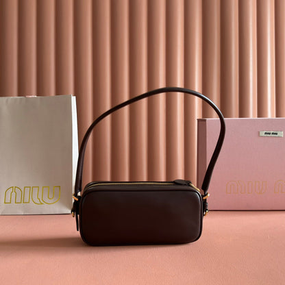 Miu Leather Pouch Bag 20cm Chocolate Leather