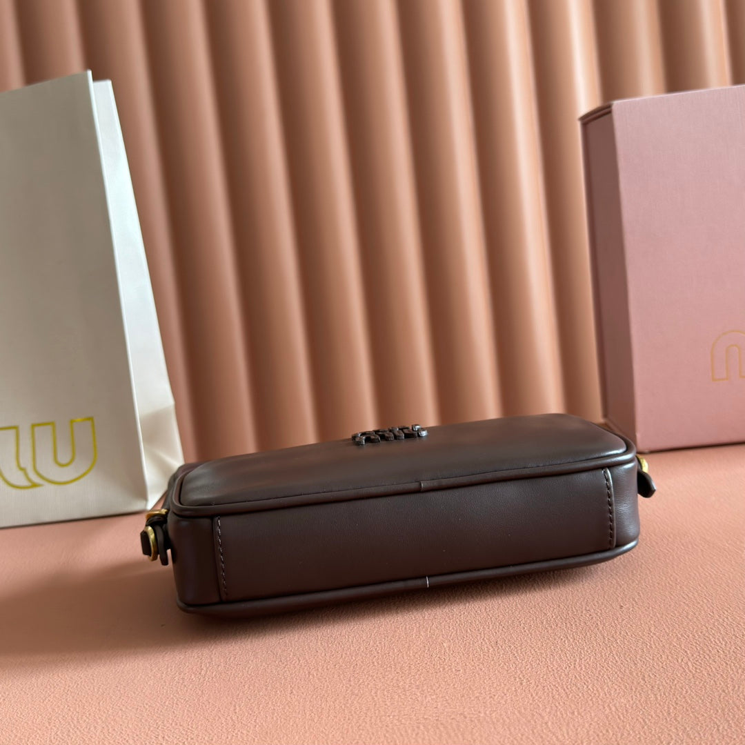 Miu Leather Pouch Bag 20cm Chocolate Leather