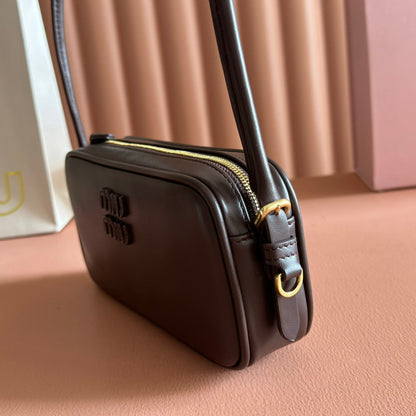 Miu Leather Pouch Bag 20cm Chocolate Leather