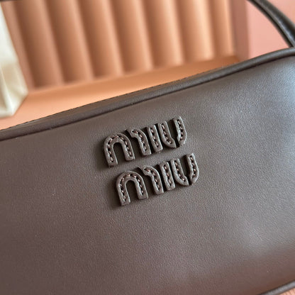 Miu Leather Pouch Bag 20cm Chocolate Leather