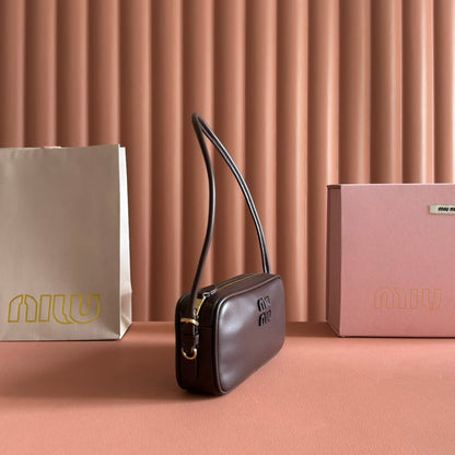 Miu Leather Pouch Bag 20cm Chocolate Leather