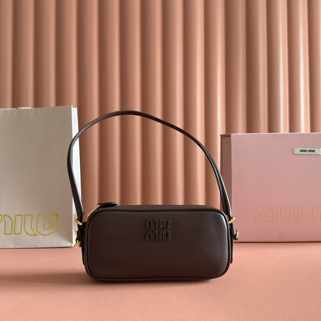 Miu Leather Pouch Bag 20cm Chocolate Leather