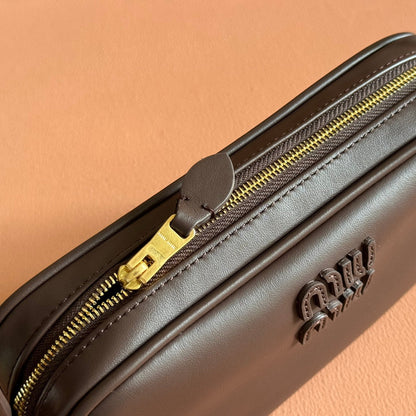 Miu Leather Pouch Bag 20cm Chocolate Leather