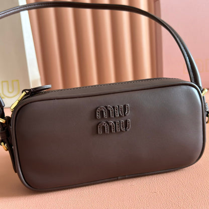 Miu Leather Pouch Bag 20cm Chocolate Leather
