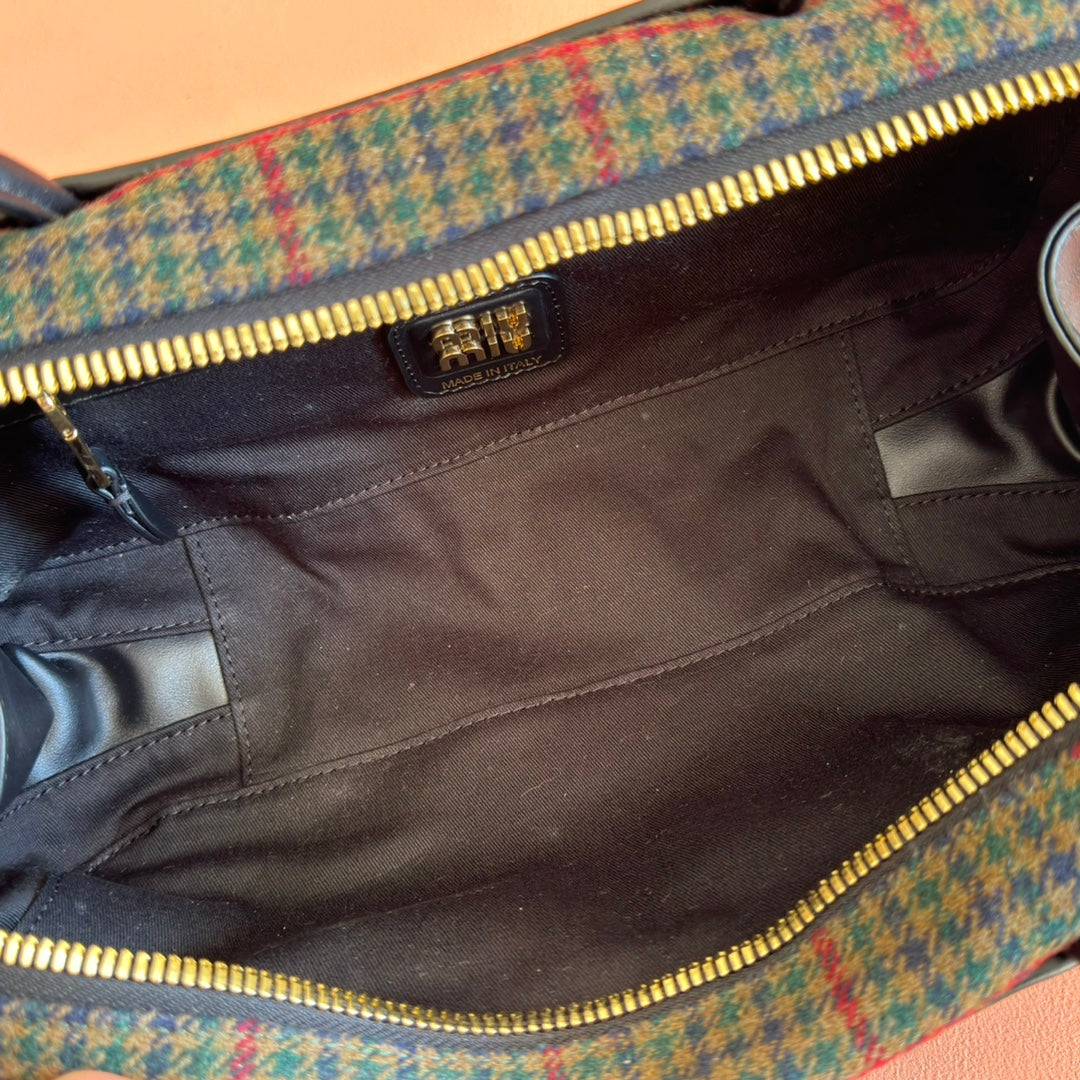 Miu Beau Tartan Top-Handle Bag 28cm Black with Multicolor Wool Leather