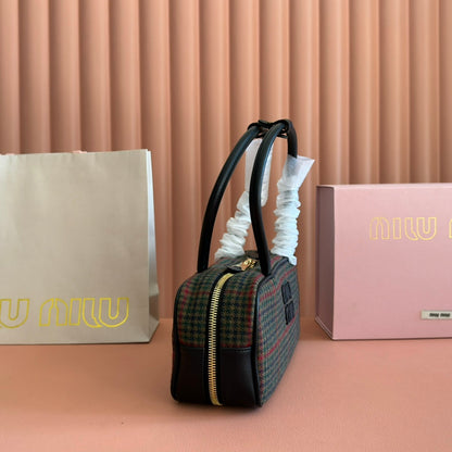 Miu Beau Tartan Top-Handle Bag 28cm Black with Multicolor Wool Leather