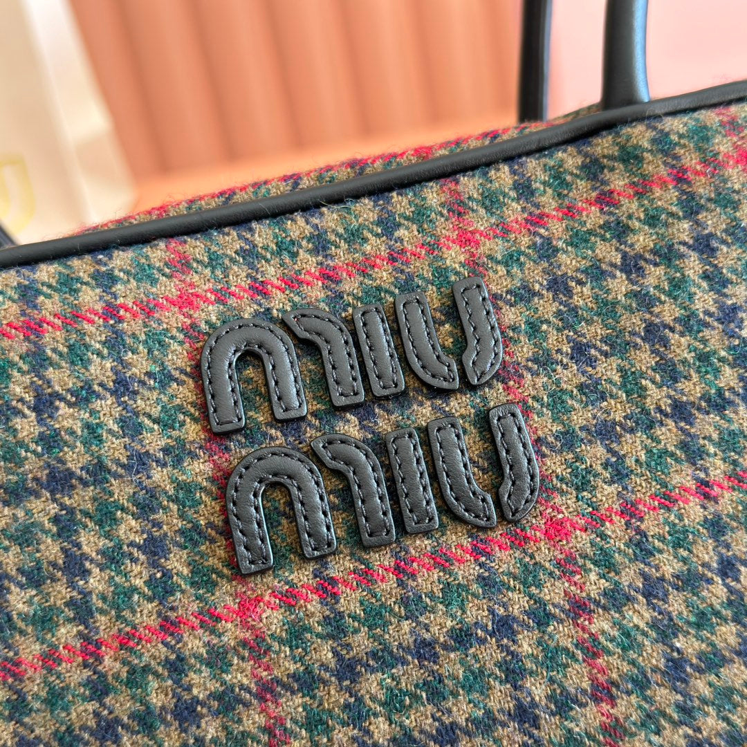 Miu Beau Tartan Top-Handle Bag 28cm Black with Multicolor Wool Leather