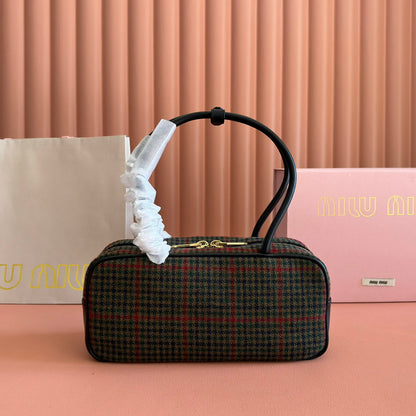 Miu Beau Tartan Top-Handle Bag 28cm Black with Multicolor Wool Leather