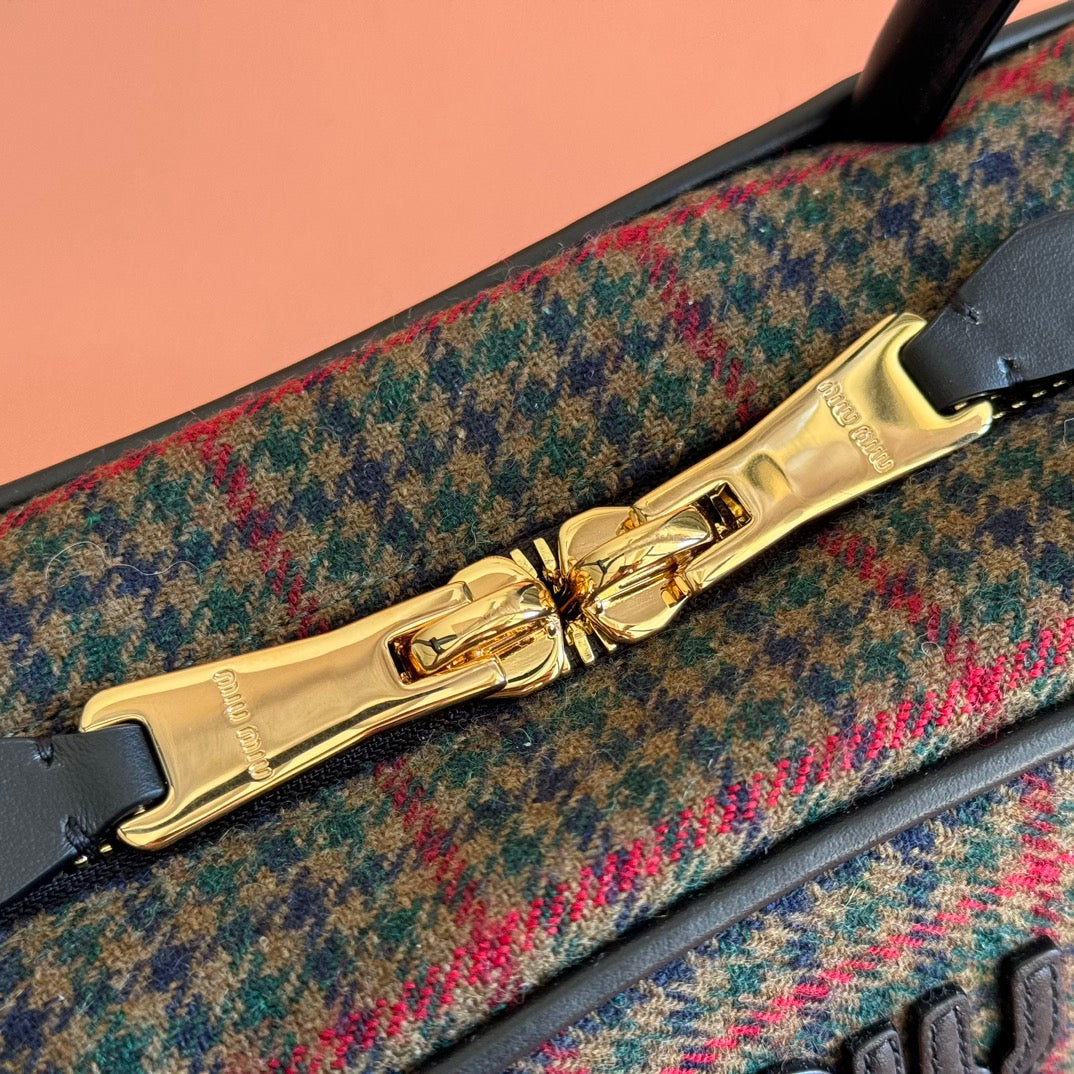 Miu Beau Tartan Top-Handle Bag 28cm Black with Multicolor Wool Leather
