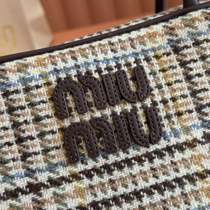Miu Beau Tartan Top-Handle Bag 28cm Chocolate with Multicolor Wool Leather