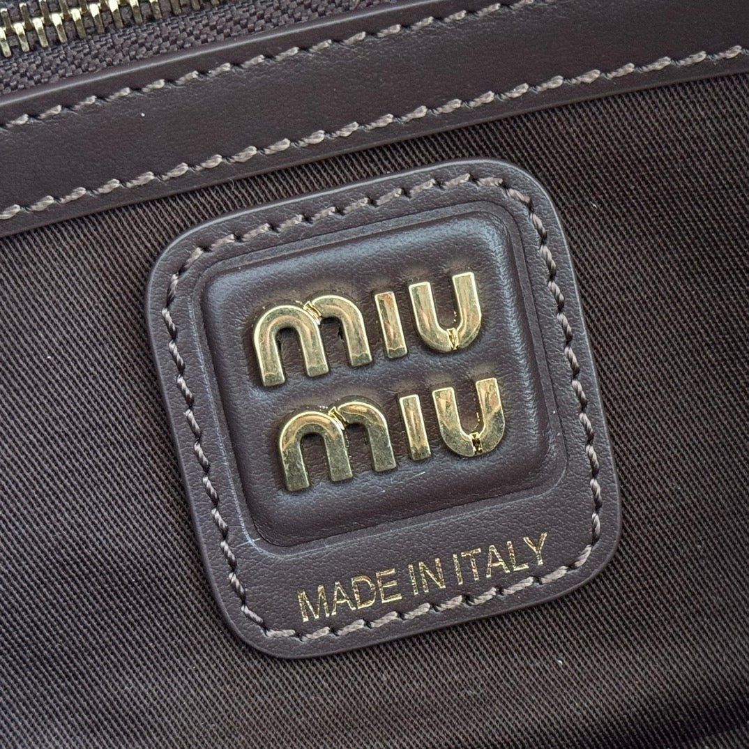 Miu Beau Tartan Top-Handle Bag 28cm Chocolate with Multicolor Wool Leather