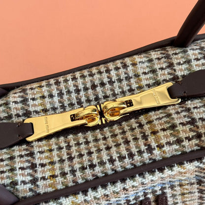 Miu Beau Tartan Top-Handle Bag 28cm Chocolate with Multicolor Wool Leather