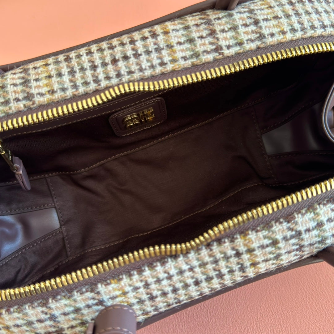 Miu Beau Tartan Top-Handle Bag 28cm Chocolate with Multicolor Wool Leather