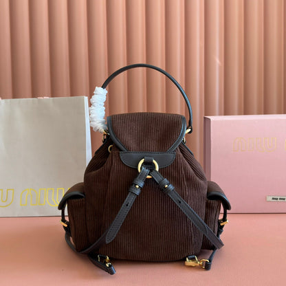 Miu Small Corduroy Backpack Dark Brown Leather-Trim