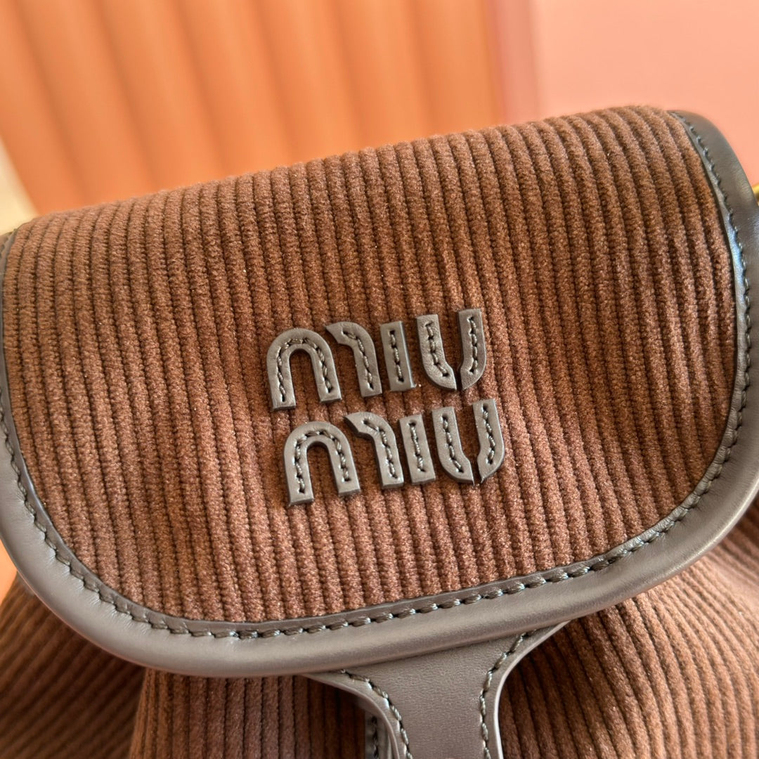 Miu Small Corduroy Backpack Dark Brown Leather-Trim