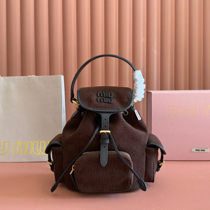 Miu Small Corduroy Backpack Dark Brown Leather-Trim