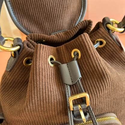 Miu Small Corduroy Backpack Dark Brown Leather-Trim