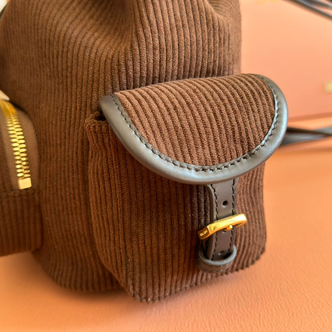 Miu Small Corduroy Backpack Dark Brown Leather-Trim